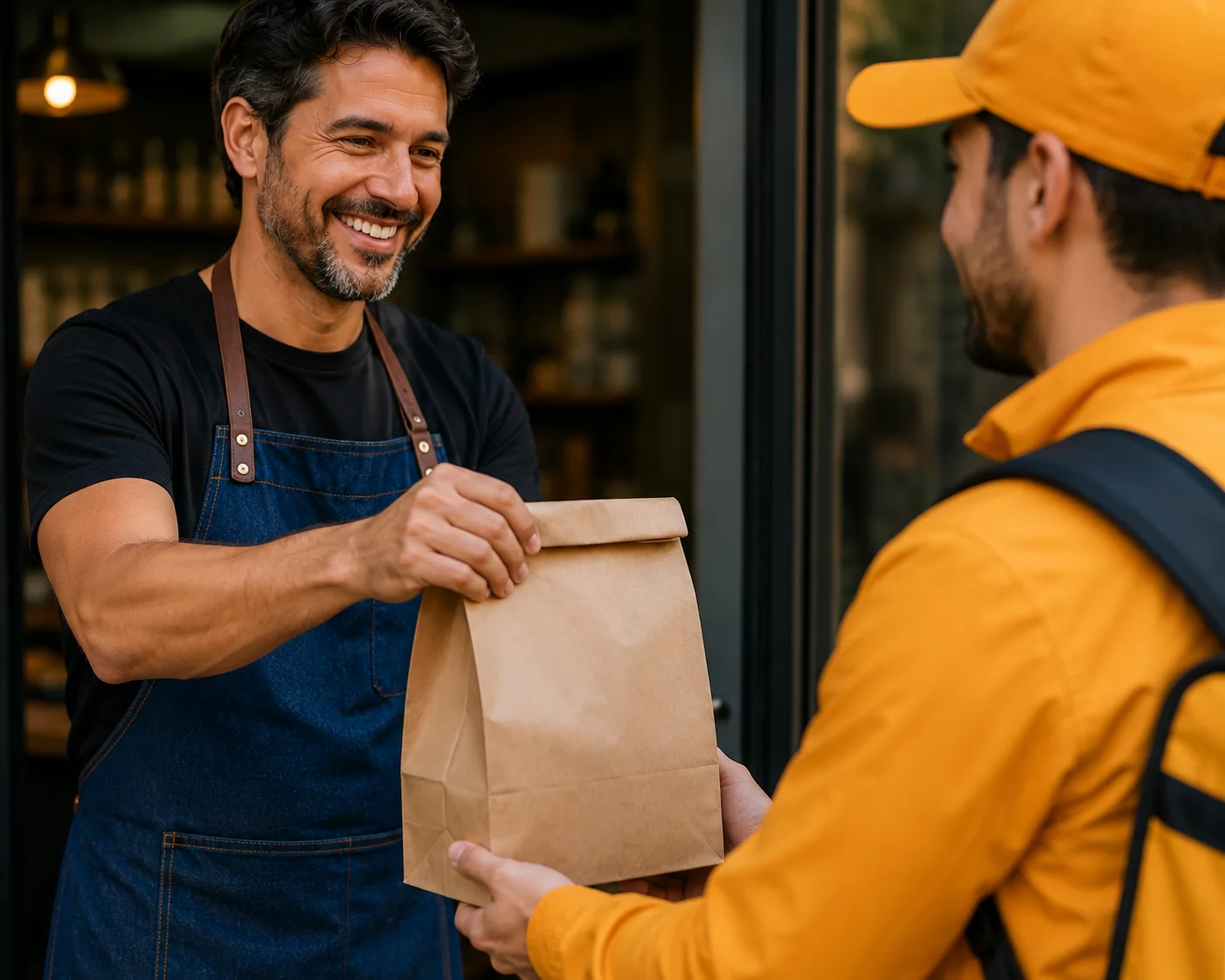 Business owner handing a packed delivery bag to a driver