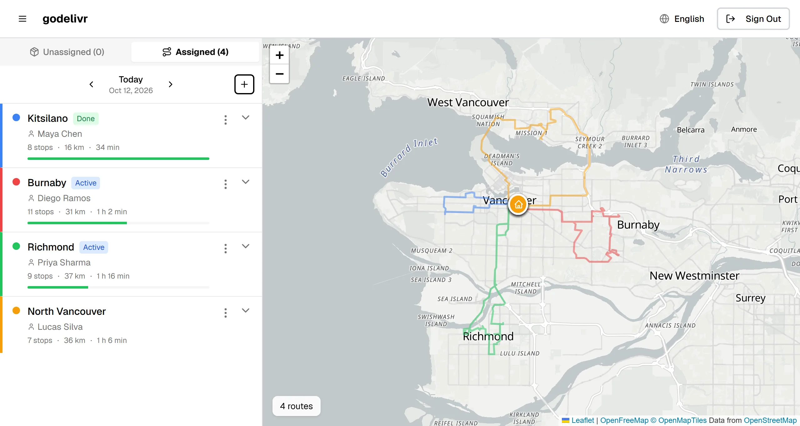 Daily Planner split view with the multi-route map on desktop